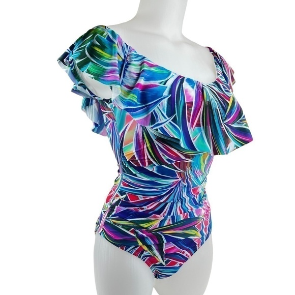 La Blanca Multicolor Palm Opulence Off Shoulder Ruffle One Piece Swimsuit - Picture 9 of 15
